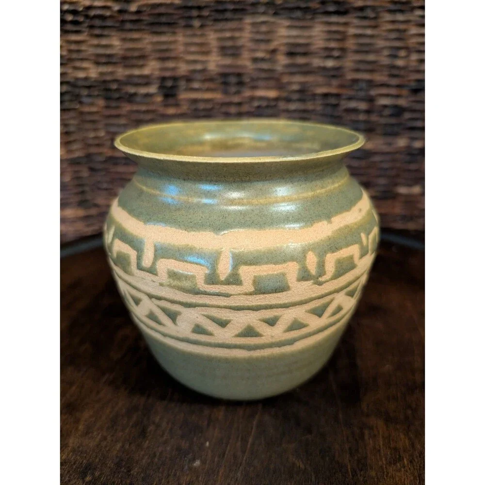 Art Pottery Vase Artist Signed Glaze over Clay Green Aztec Boho Southwestern